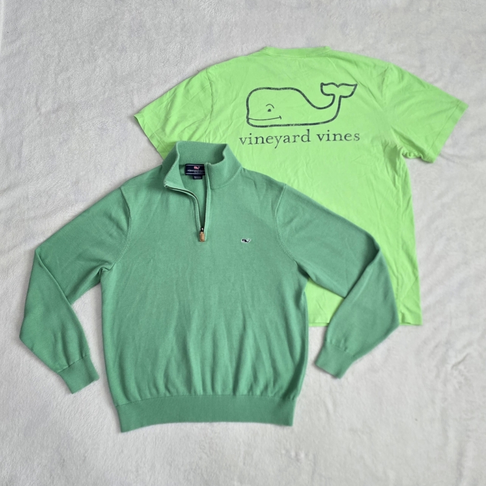 Men's Vineyard Vines Sweater 1/4 Zip Pullover & Classic Shirt Green Size Medium